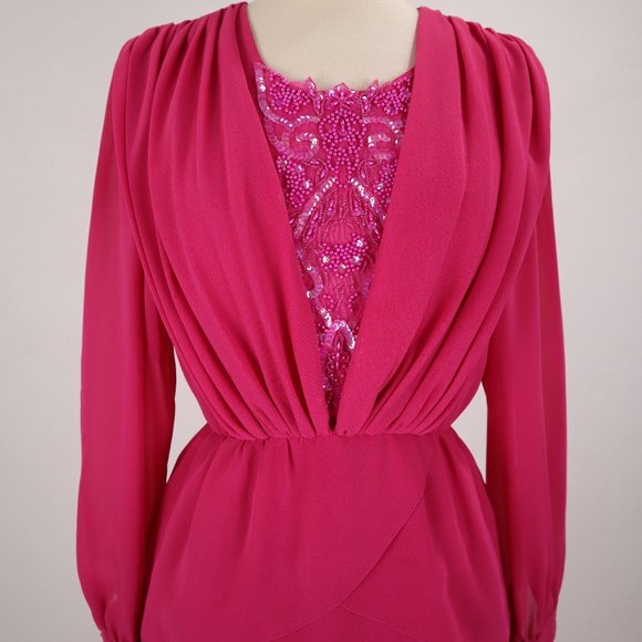Vtg Ursula of Switzerland 80's Pink Sequin Beaded Tiered Party Dress Gown Formal - Picture 1 of 10